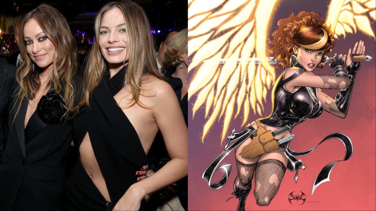 (L-R) Olivia Wilde and Margot Robbie smiling, an illustrated cover of 'Avengelyne' #1 by Joe Benitez.