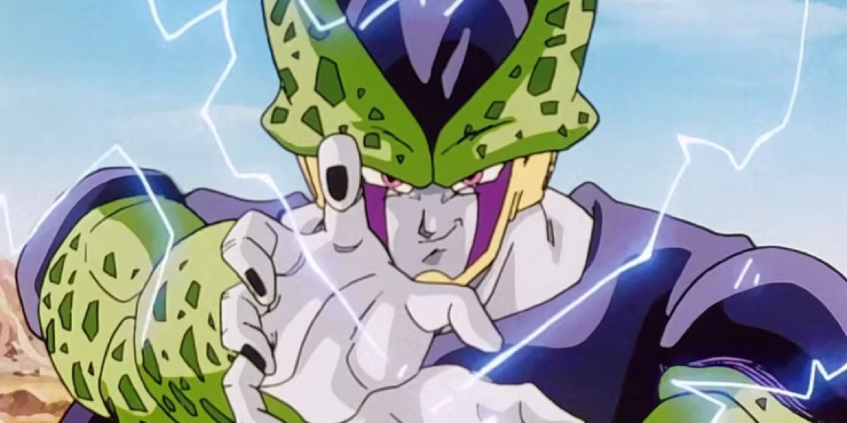 The alien Perfect Cell gathers lightning in his hand in "Dragon Ball Z"