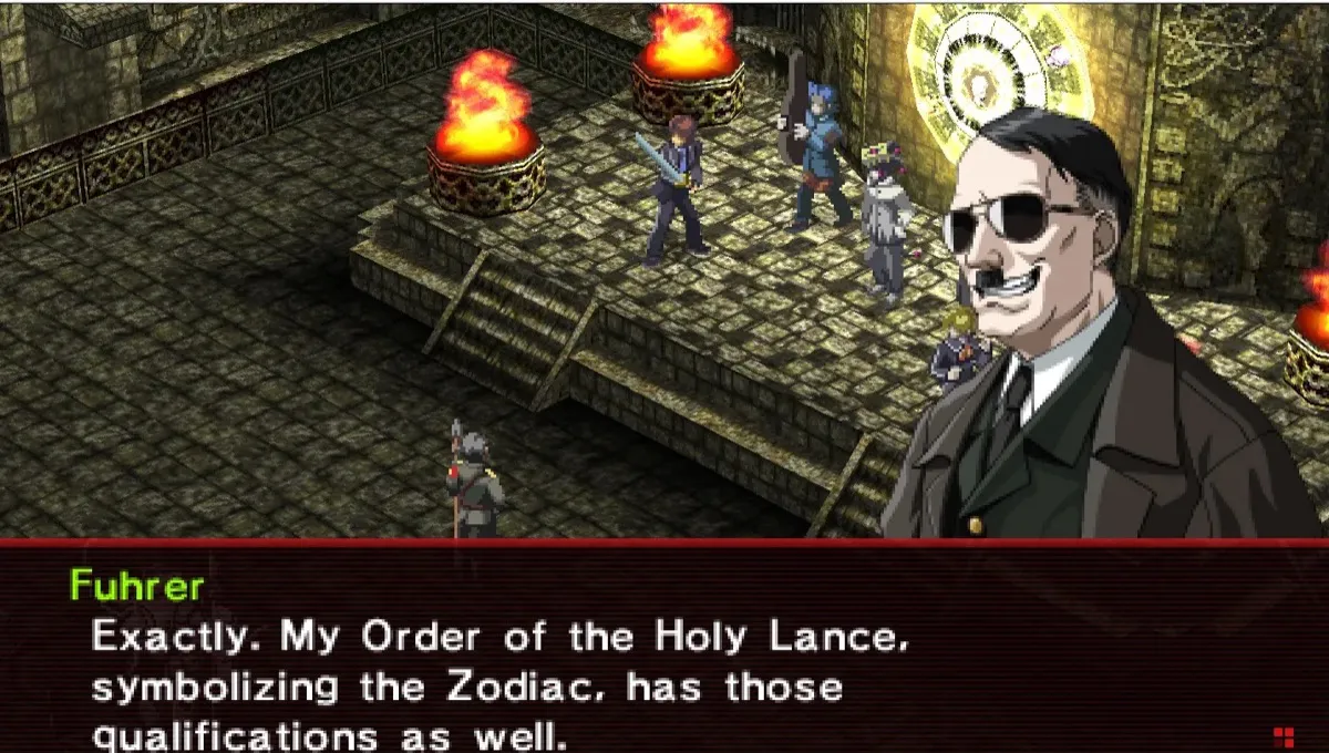 Persona 2: Innocent Sin's  main villain disguised as Hitler talks to protagonists