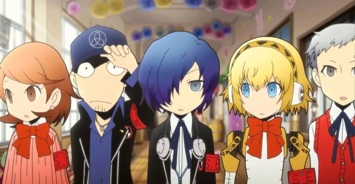 The adorable chibi "Persona Q" cast in a classroom