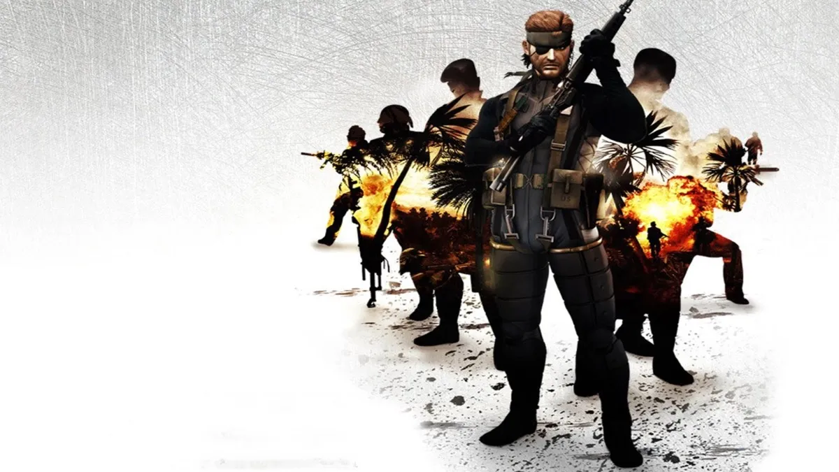 Big Boss stands in front of a group of soldiers in promo art for "Metal Gear Solid: Peace Walker" 