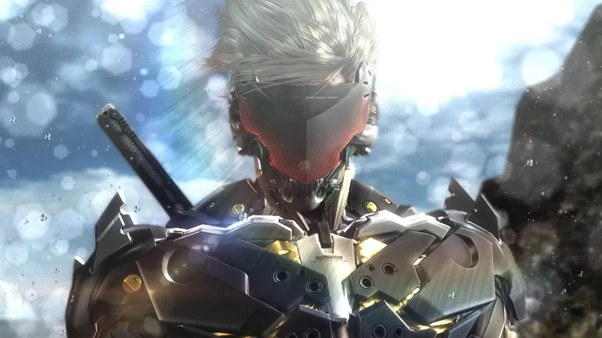 Ninja cyborg Raiden stands against the blue sky in "Metal Gear Rising: Revengeance" 