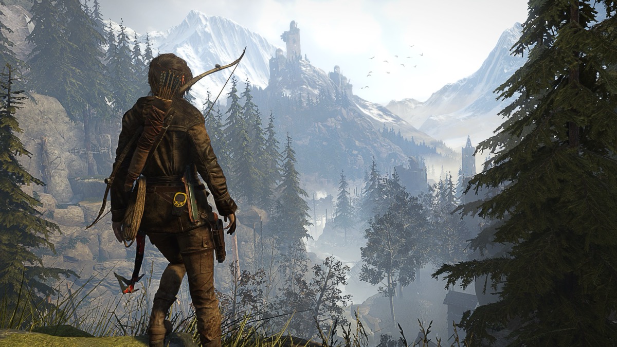 Lara Croft overlooks rugged wilderness in "Rise of the Tomb Raider"