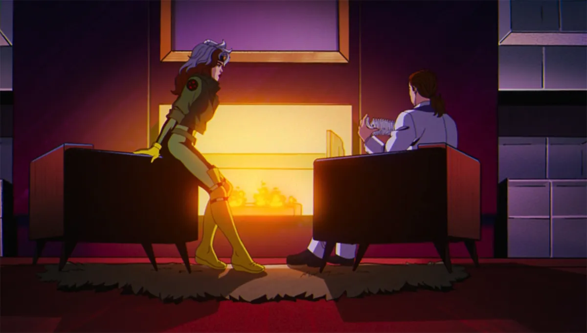 Rogue and Gambit sitting by the fire talking to each other on X-Men '97