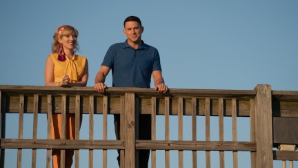 Scarlett Johansson and Channing Tatum standing on a bridge in Fly Me to the Moon