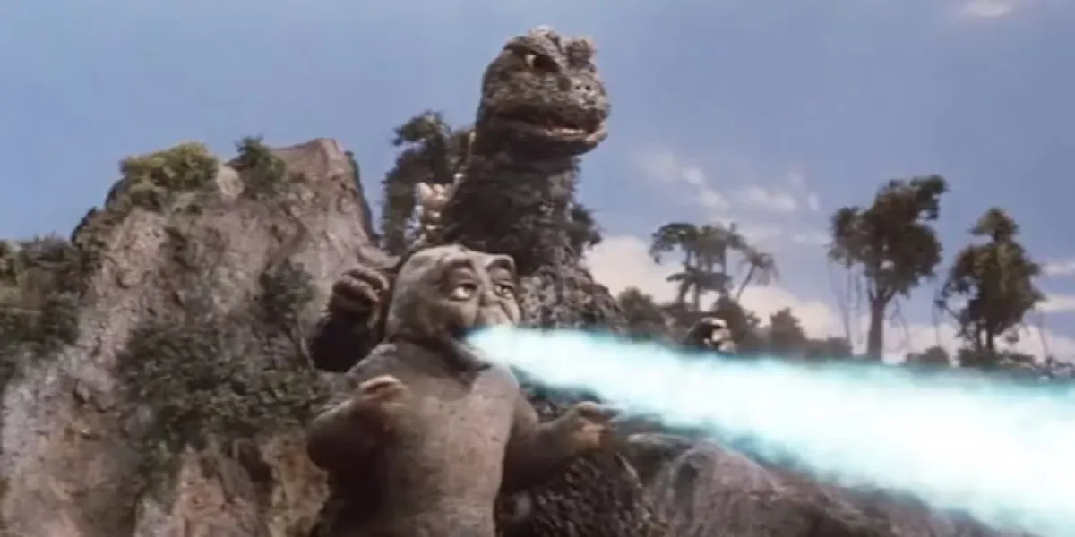 Godzilla teaches his son Minilla how to shoot radiation breath in "Son of Godzilla"