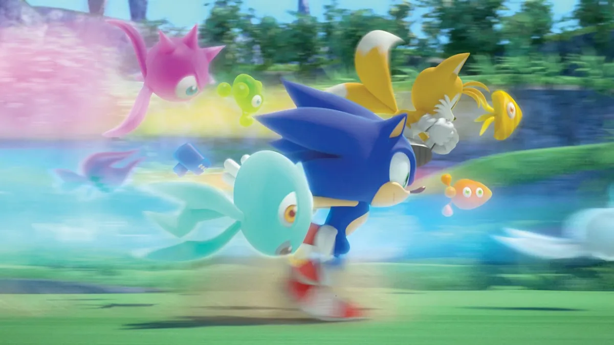 Sonic and his friends leave motion blurs while running through the woods in "Sonic Colors"