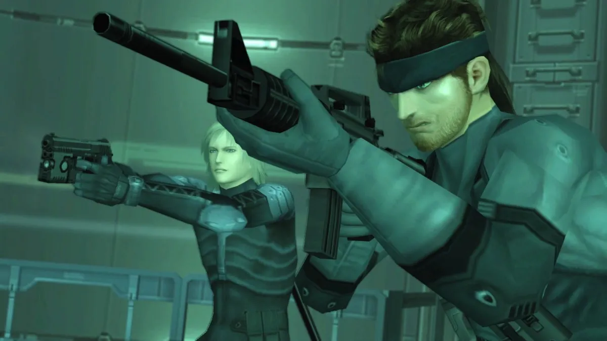 Snake and Raiden aim guns at a foe in "Metal Gear Solid 2: Sons of Liberty" 