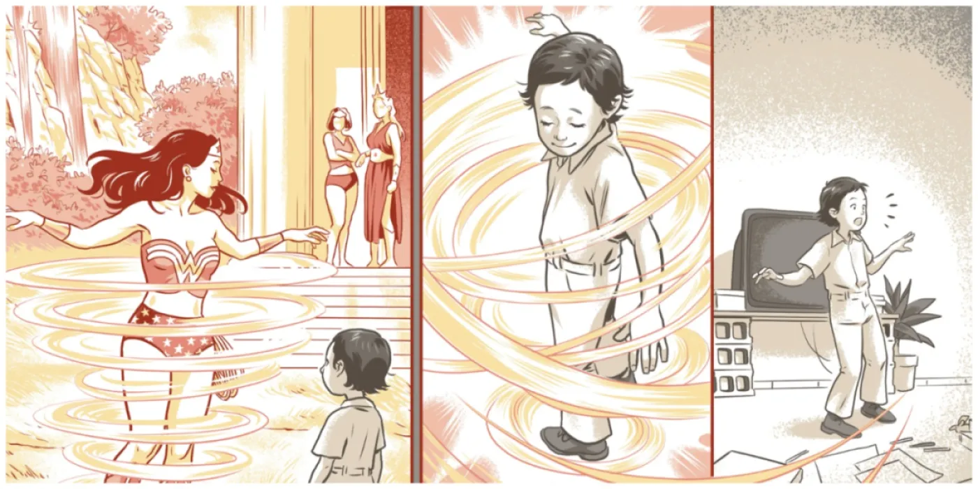 Art preview from Phil Jimenez's "Spaces" for DC PRIDE 2024, featuring a little boy spinning like Wonder Woman.