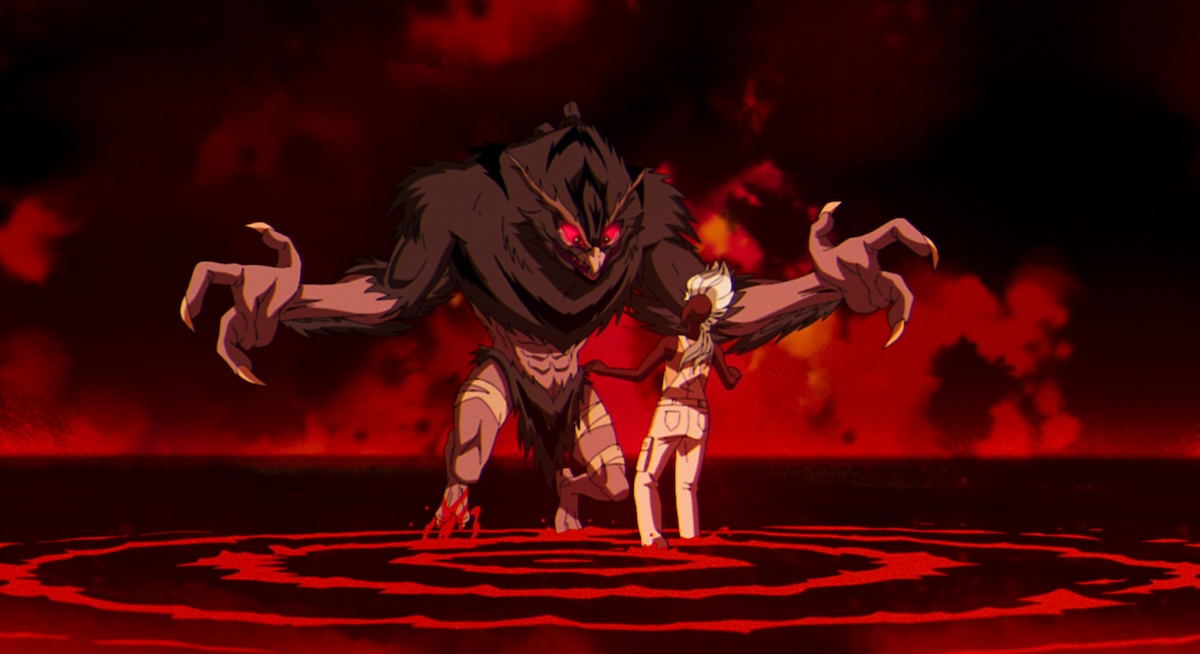 The Adversary and Storm in a red room with water surrounding them