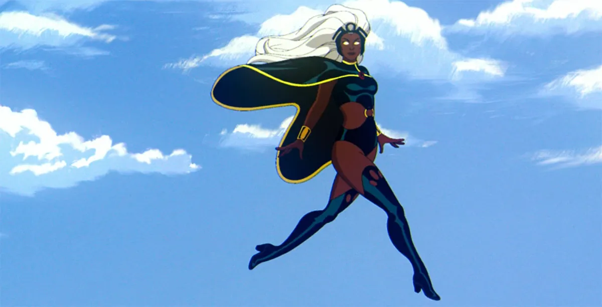 storm flying in her new suit in the sky
