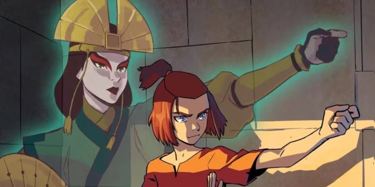 Suki throws a punch with the help of Avatar Kyoshi's spirit in "Suki Alone)