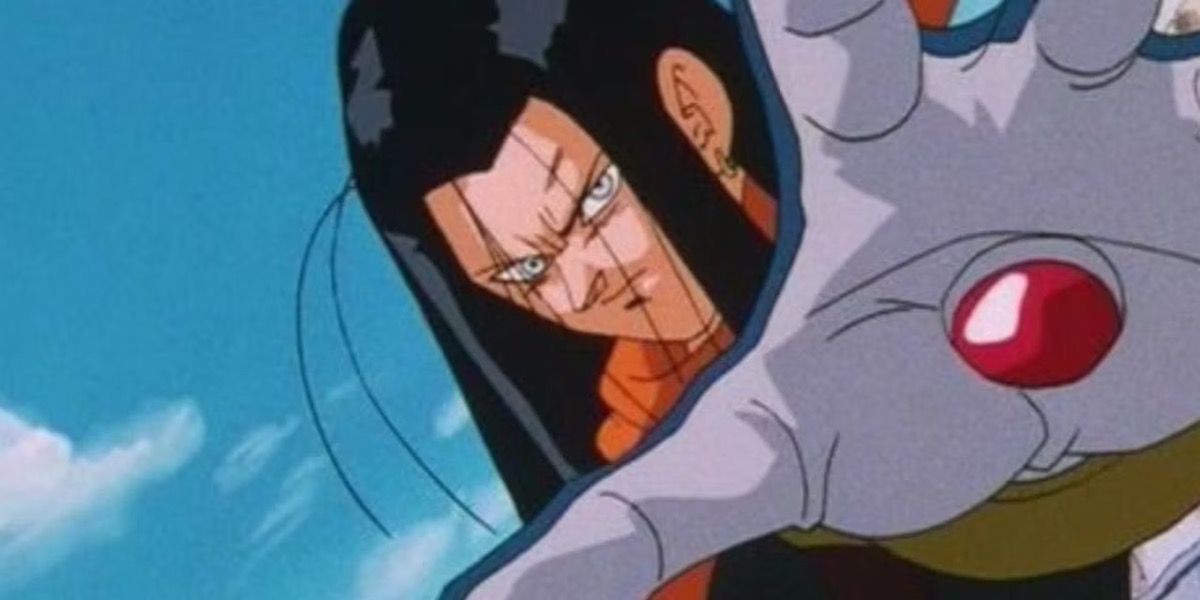 Super Android 17 gets ready to fire energy beams out of his hand in "Dragon Ball GT"