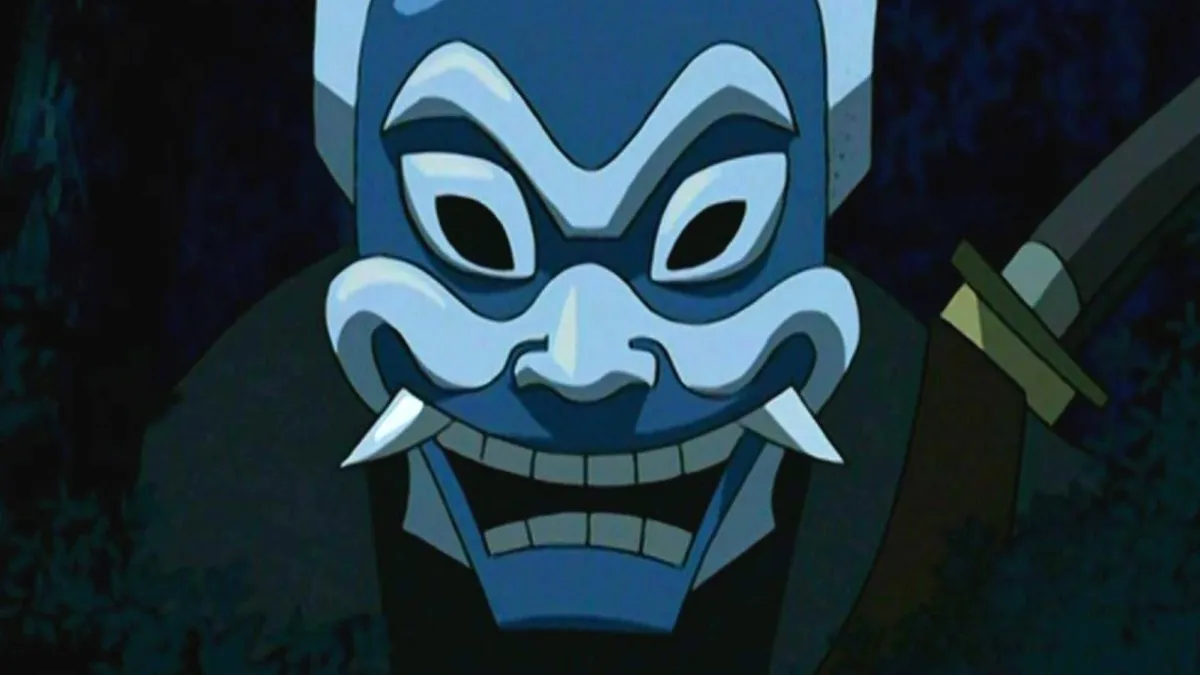 a figure wears a blue demon mask in "Avatar" 
