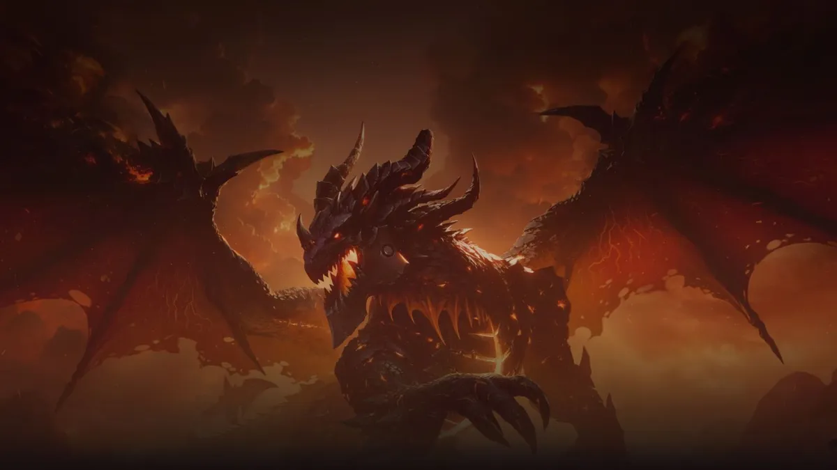 A fiery dragon roams around a desolate world in "World of Warcraft Cataclysm Classic"