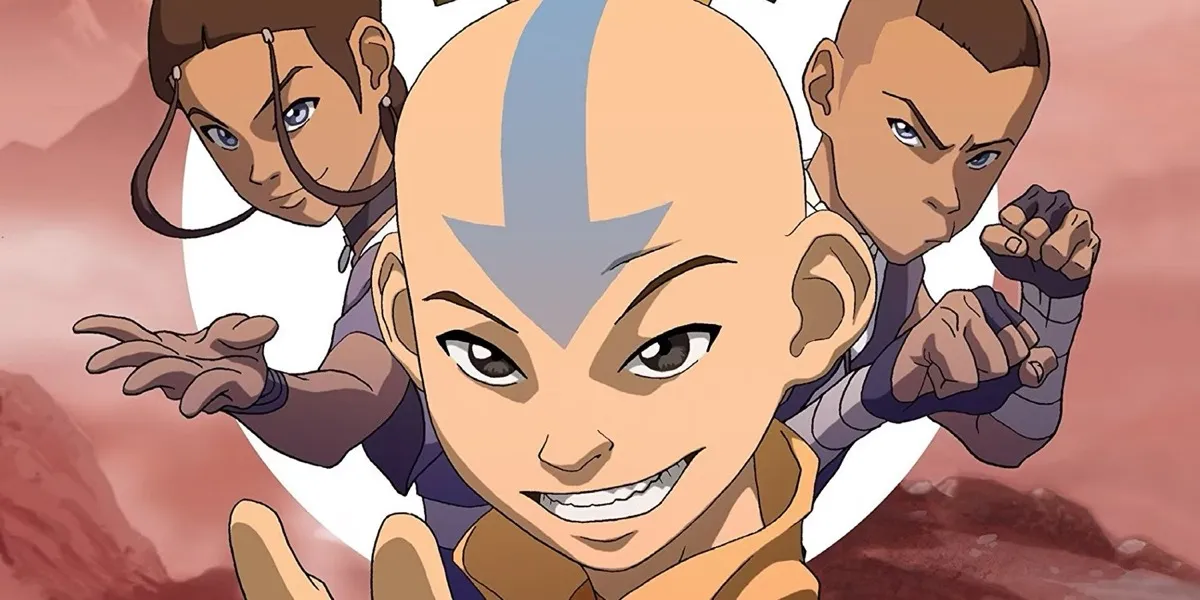 Aang smirks flanked by Katara and Sokka in "The Lost Adventures"