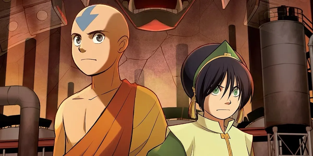 Aang and Toph stand frowning in a factory on "The Rift"