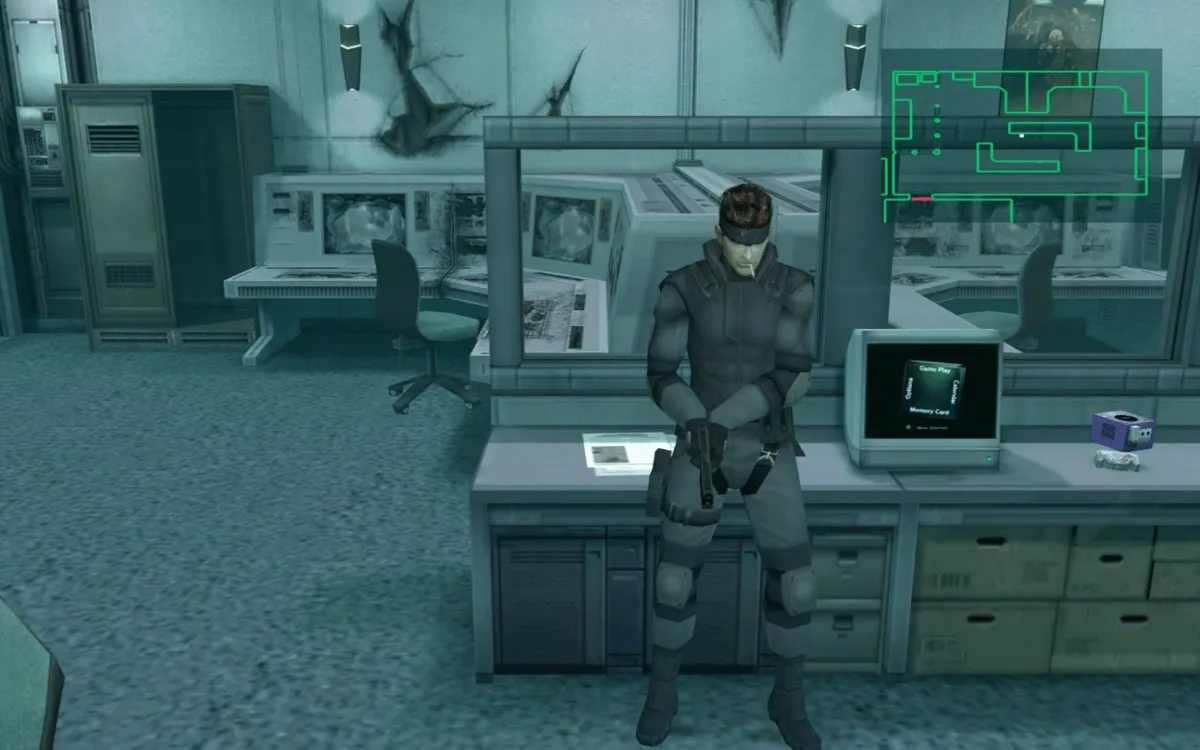 Solid Snake hides in a laboratory in "Metal Gear Solid: The Twin Snakes" 