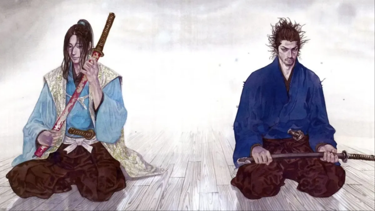 Musashi and Sasaki Kojiro sit side by side in 'Vagabond'.