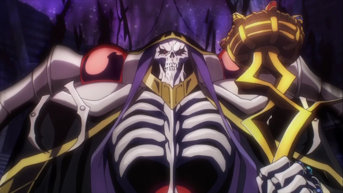 Lich Lord Ainz Ool Gown sits holding a golden goblet in "Overlord"