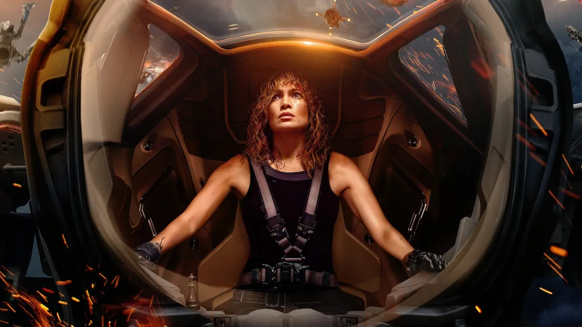 Jennifer Lopez inside an A.I. driven exoskeleton in 'Atlas'