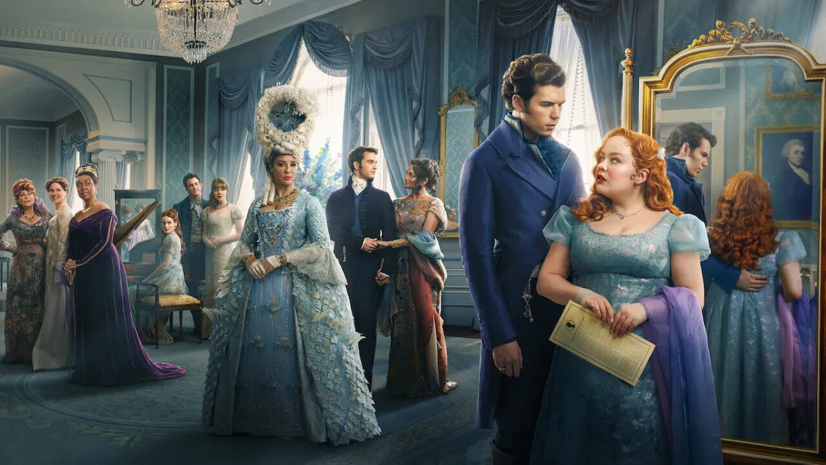 Key art for Bridgerton season 3 on Netflix, with Colin Bridgerton, Peneope Featherington, Queen Charlotte, Anthony and Kate Bridgerton, and more all featured. Colin and Penelope stand in front of a mirror.