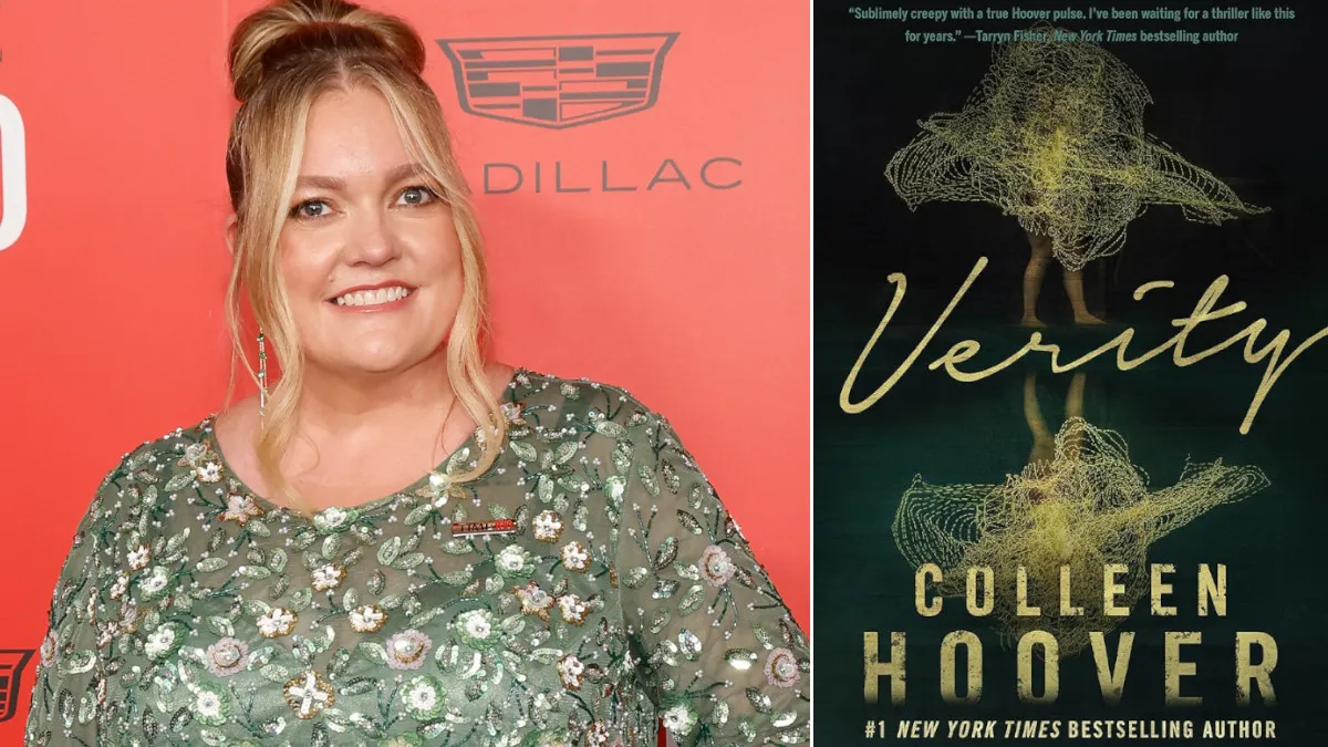 Colleen Hoover attends the 2023 Time100 Gala next to the cover of Verity