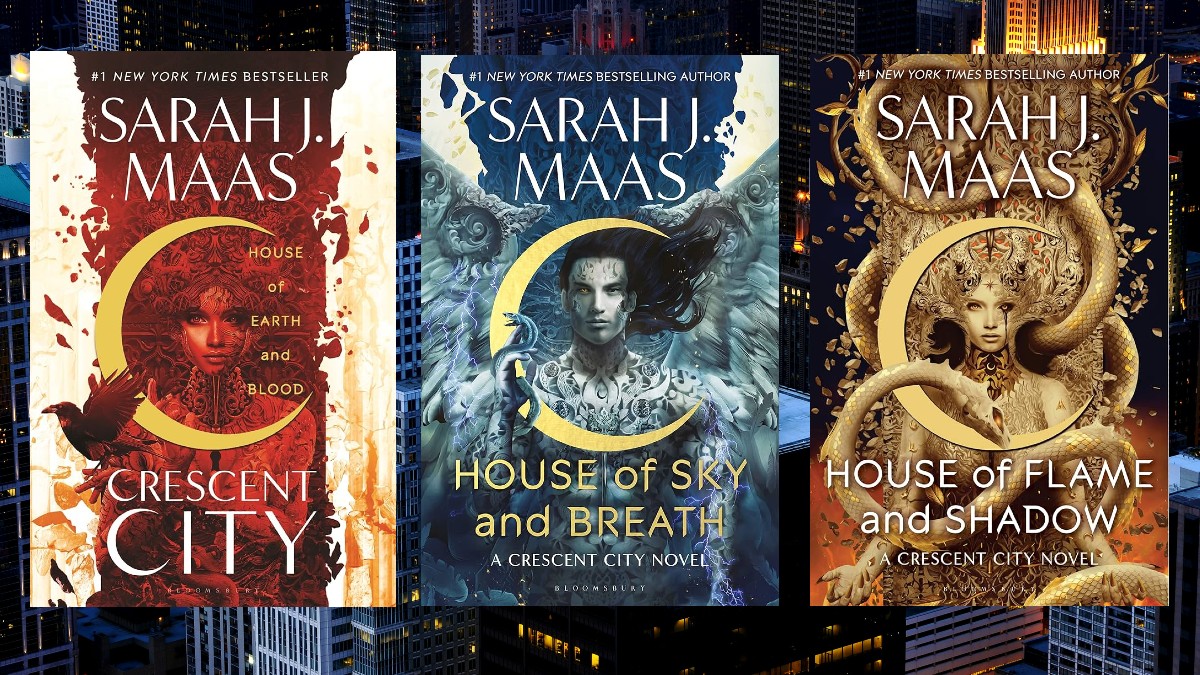 Composite image of all three Crescent City books on an urban skyline background