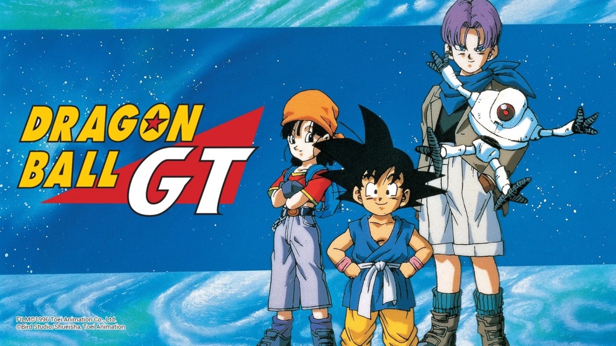 Promo art for "Dragon Ball GT" featuring Goku and Pan