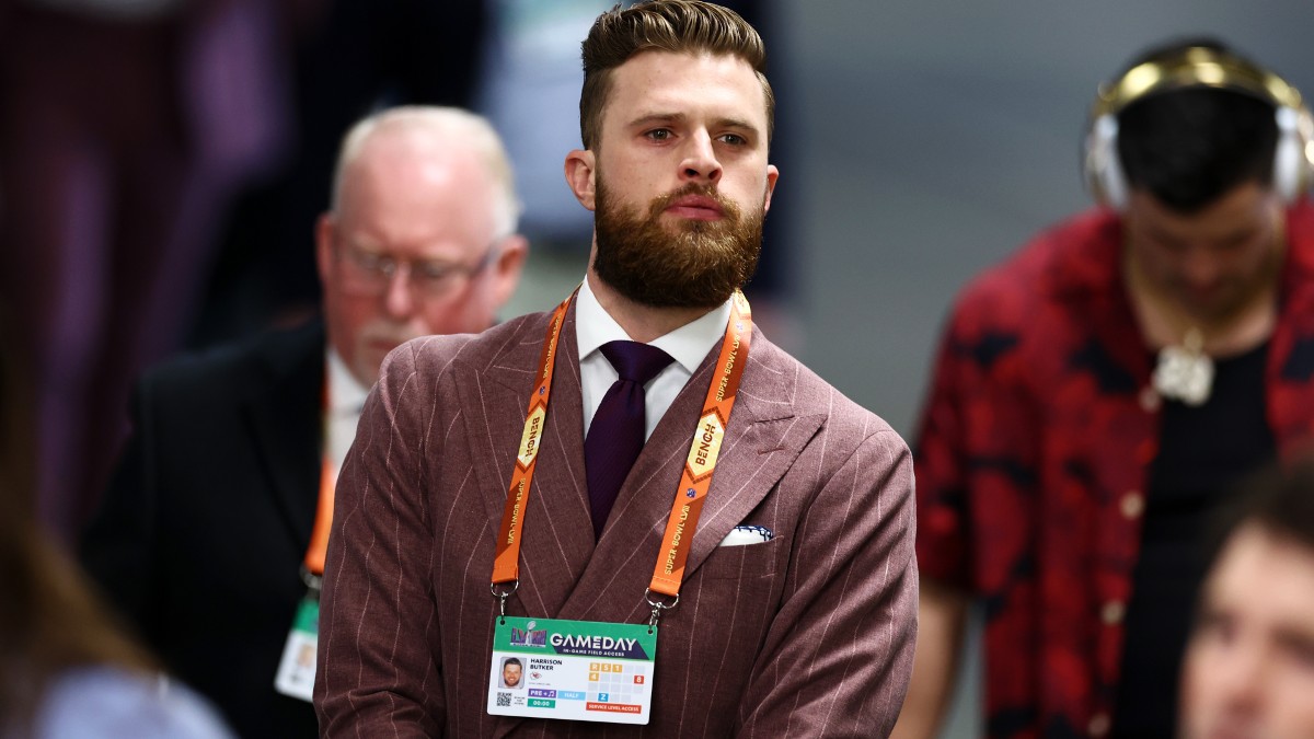 Harrison Butker arrives at the Allegiant Stadium before Super Bowl LVIII