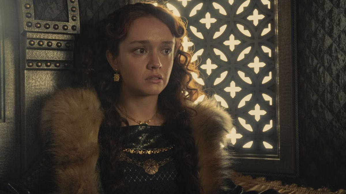 Queen Alicent Hightower, played by Olivia Cooke, on the way to her son Aegon's coronation in season 1 of House of the Dragon