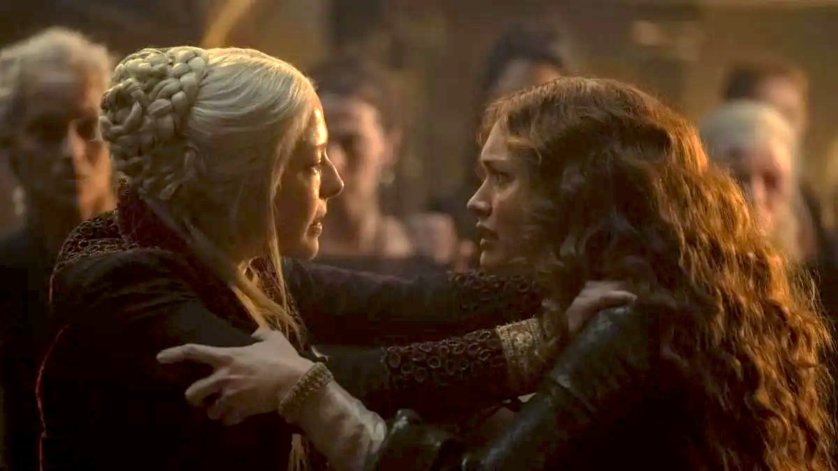 Rhaenyra Targaryen and Alicent Hightower, played by Emma D'Arcy and Olivia Cooke, in their confrontation in season 1 of House of the Dragon. Max
