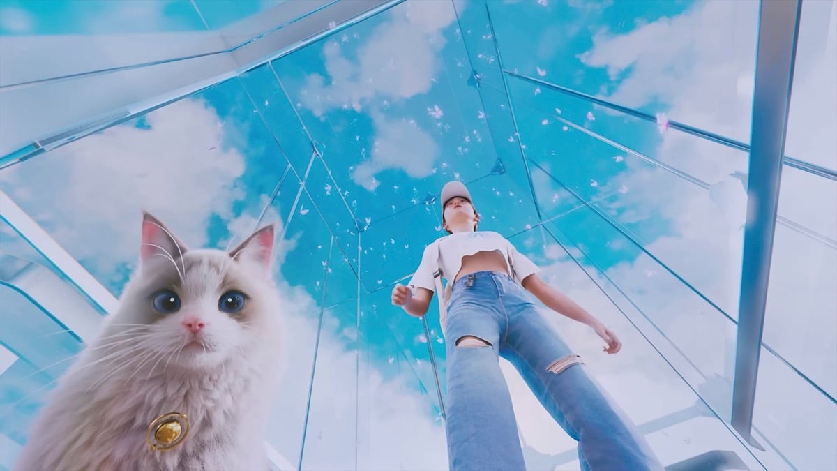 A young woman and a cat stand against blue sky in "InZOI"