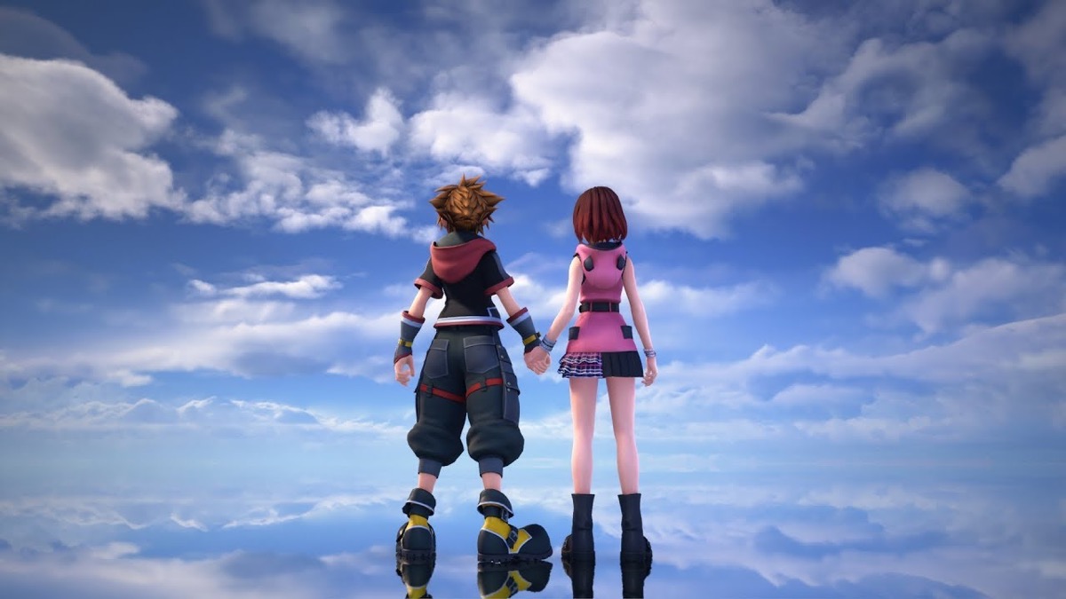 Sora and Kairi hold hands in a world where the ground reflects the open sky in "Kingdom Hearts 3"