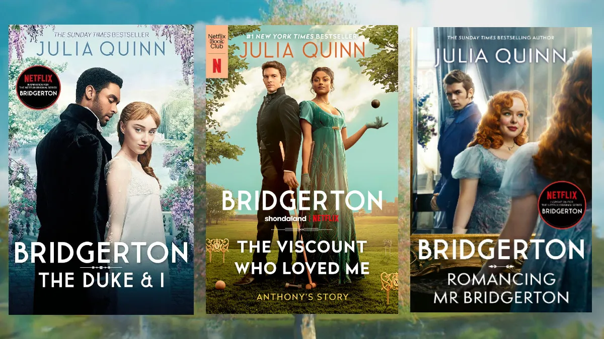 The covers for Bridgerton books with Netflix tie-in covers, including The Duke & I, The Viscount Who Loved Me, and Romancing Mr. Bridgerton