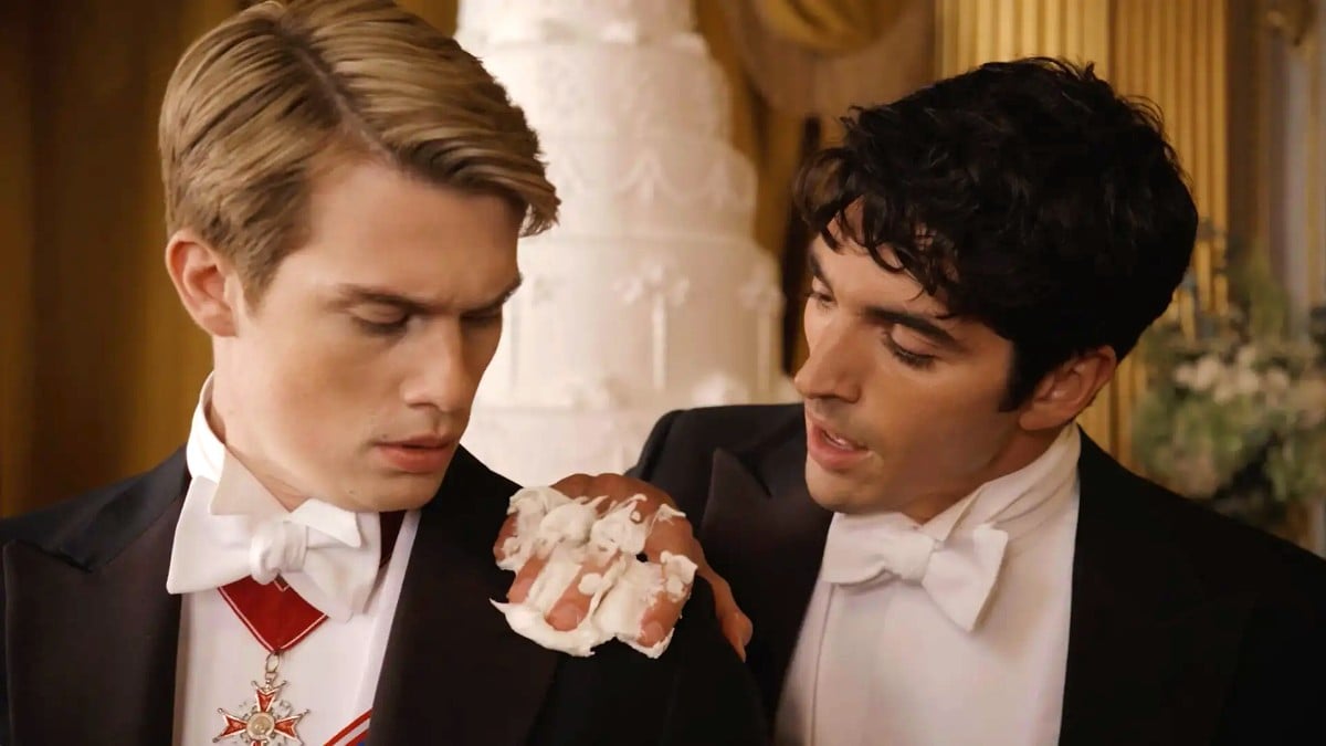 Nicholas Galitzine as Prince Henry and Taylor Zakhar-Perez as Alex Claremont-Diaz in Red, White, and Royal Blue
