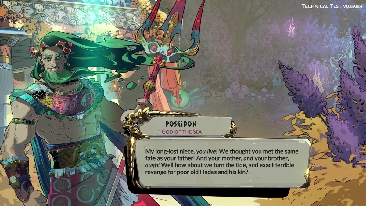 Poseidon smiling and speaking to the player in "Hades" 
