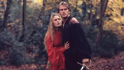 Buttercup cowers behind Westley in The Princess Bride