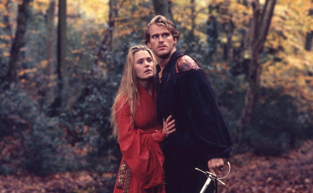 Buttercup cowers behind Westley in The Princess Bride