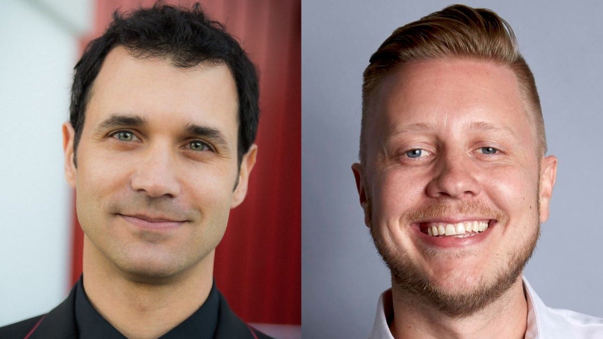Composite image of Ramin Djawadi (left), composer, and Trygge Toven (right) music supervisor for Prime Video's 'Fallout.' Djawadi is a white man with short, dark hair and hazel eyes. Toven is a white man with short, blond hair and a light beard.