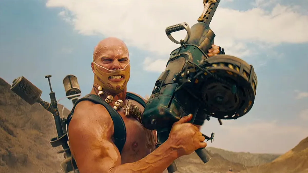 The giant Rictus Erectus wields a minigun in "Mad Max: Fury Road"