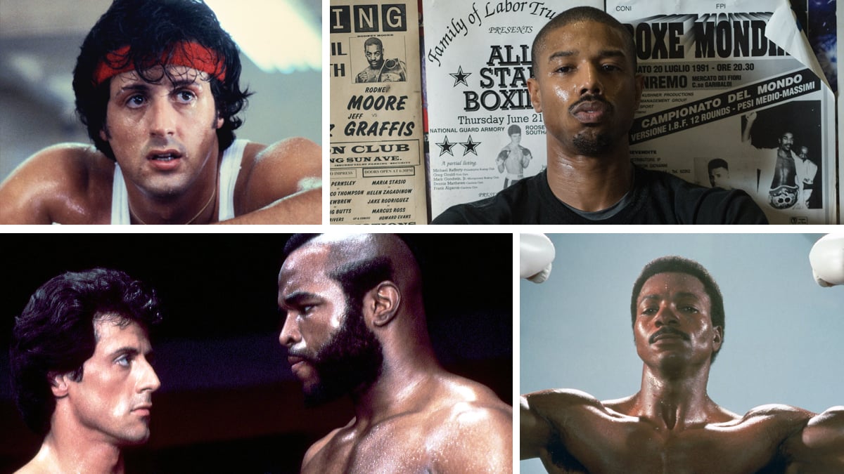 A collage of stills from the 'Rocky' and 'Creed' movies, featuring Sylvester Stallone, Michael B. Jordan, Carl Weathers, and Mr. T