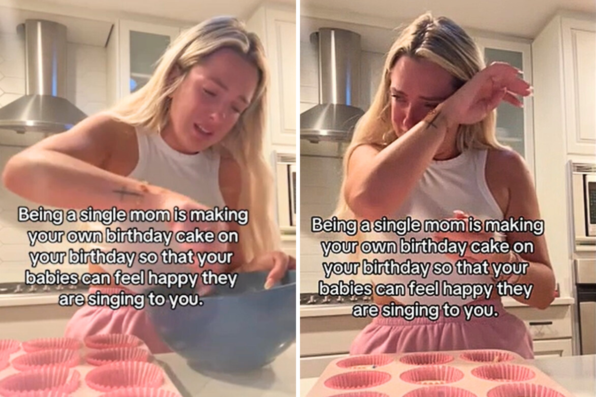 Screenshots of Elizabeth Teckenbrock from TikTok, crying while she makes her own birthday cake