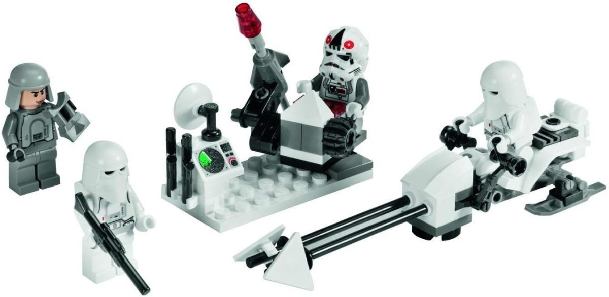 LEGO Snowtroopers from "Star Wars" hold blasters and sit on a speeder