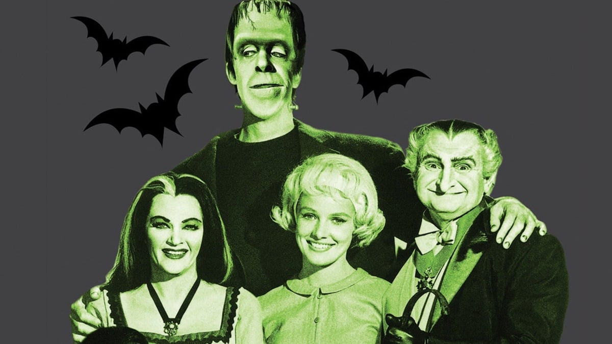 The Munsters family tinted green with bats flying behind