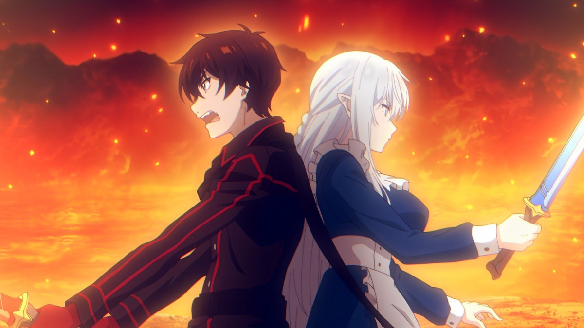 'The New Gate' anime characters stand back to back.