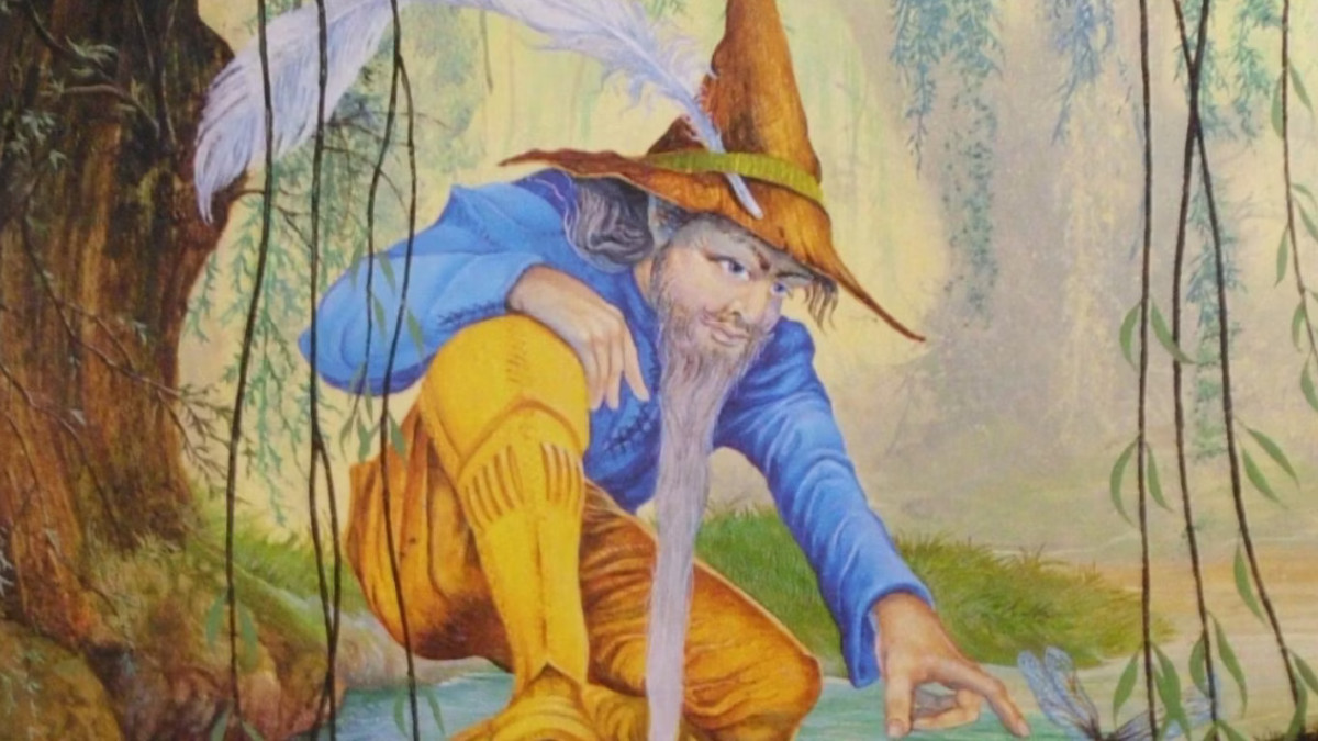 Tom Bombadil on the cover of the 1991 version of The Adventures of Tom Bombadil, wearing his trademark yellow boots, blue jacket and pointy hat