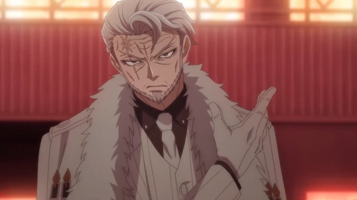 A grizzled man in a white suit looks prepared to slap someone in "Tougen Anki"