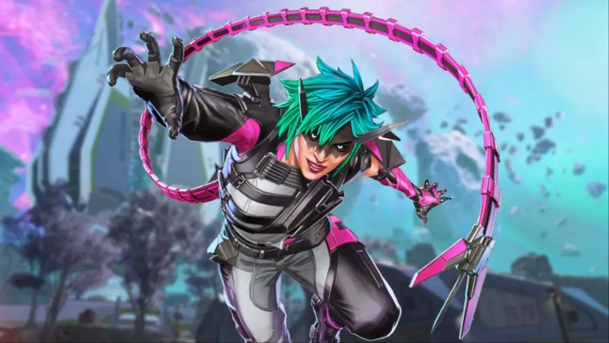 A futuristic character with green hair, horns, and a metallic whip tail from 'Apex Legends'.