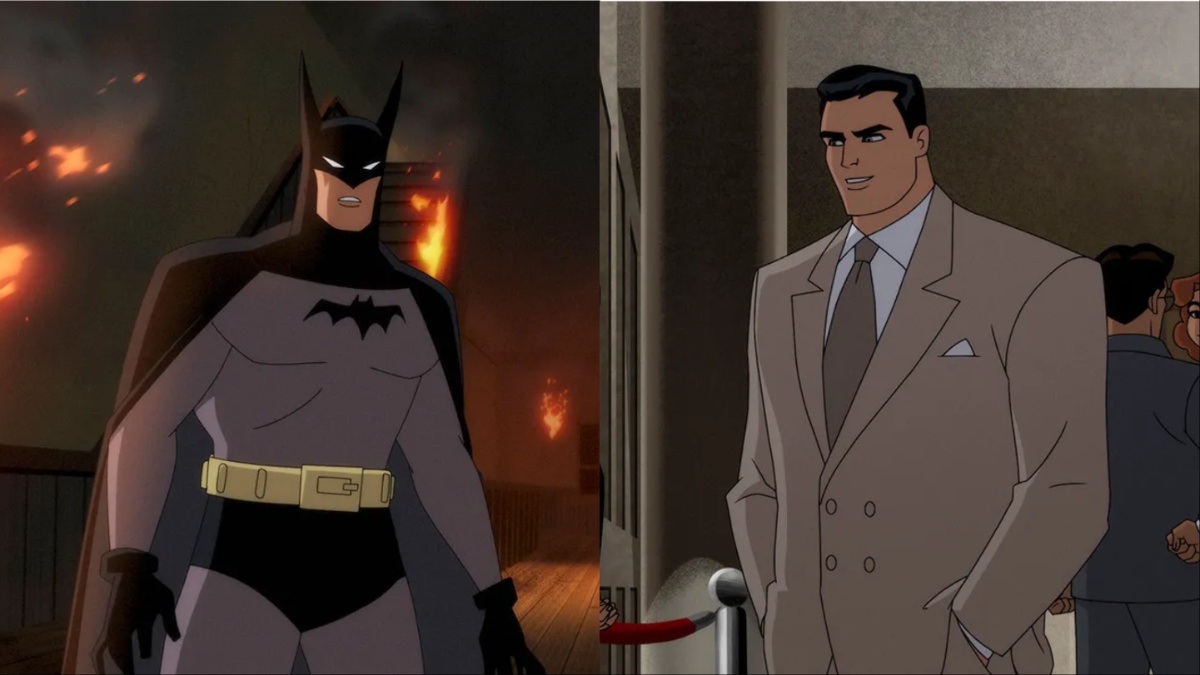 (L-R) Batman in a burning building, Bruce Wayne in a suit. 
